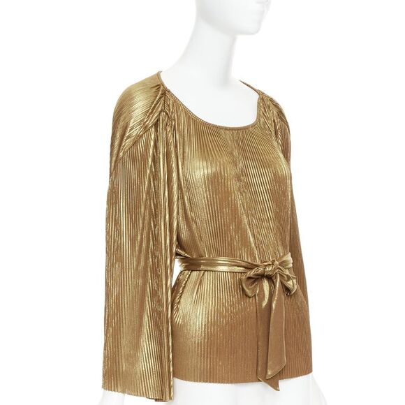 HALSTON HERITAGE gold accordion pleated gathered shoulder tie goddess top US10 L